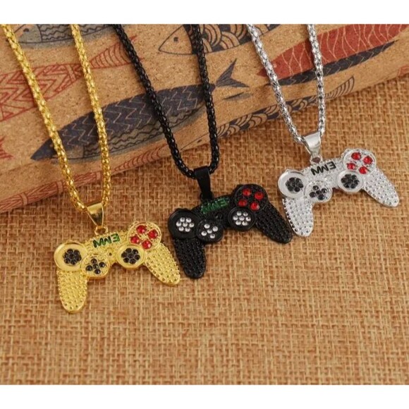 Men Retro Gold Crystal Necklace Video Game Controller FREE SHIP -2 Items - Picture 3 of 4